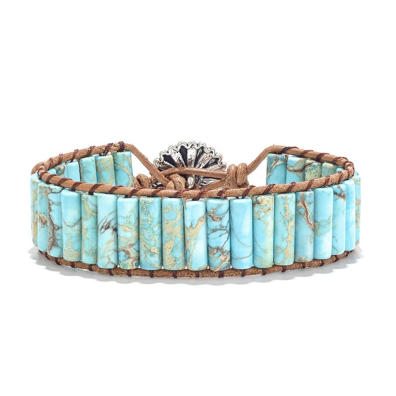 sedmart 7 Chakra Bracelets for Women with Real Stones Leather Wrap Healing Bead Bracelet Women Men Boho Friendship Jewelryâ€¦ (Flower Button & Turquoise) - Image 2